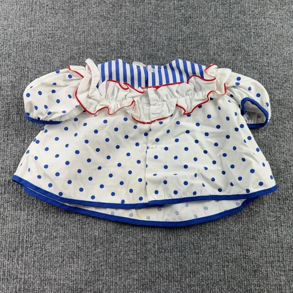 VTG Polka Dot Outfit Set Girls 18-24M White Blue Top Shorts 2 Piece Bow Stripe